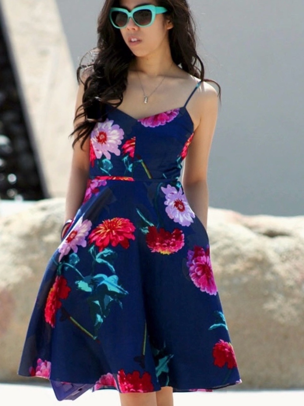 Banana Republic Navy Floral Midi Dress with Pink & Red Blooms